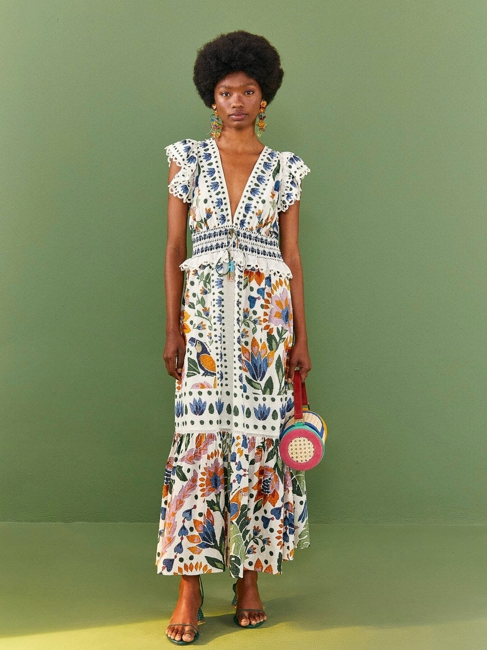 NWOT FARM Rio White Floral Maxi Dress with Blue, Green & Orange Motif